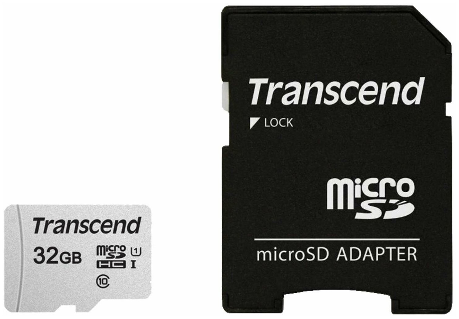 Карта памяти microSDHC UHS-I U1 Transcend 32 ГБ, 100 МБ/с, Class 10, TS32GUSD300S-A, 1 шт., переходник SD