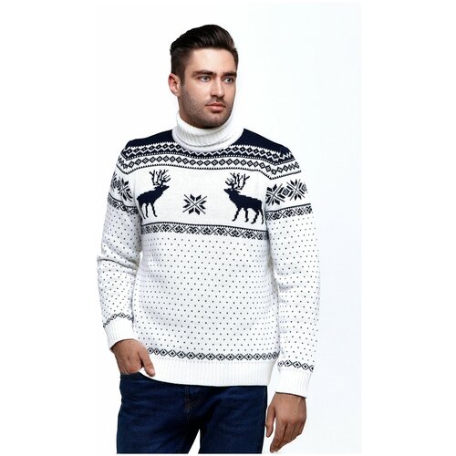 фото Шерстяной свитер, скандинавский орнамент с оленями и снежинками, натуральная шерсть, белый цвет, размер s anymalls