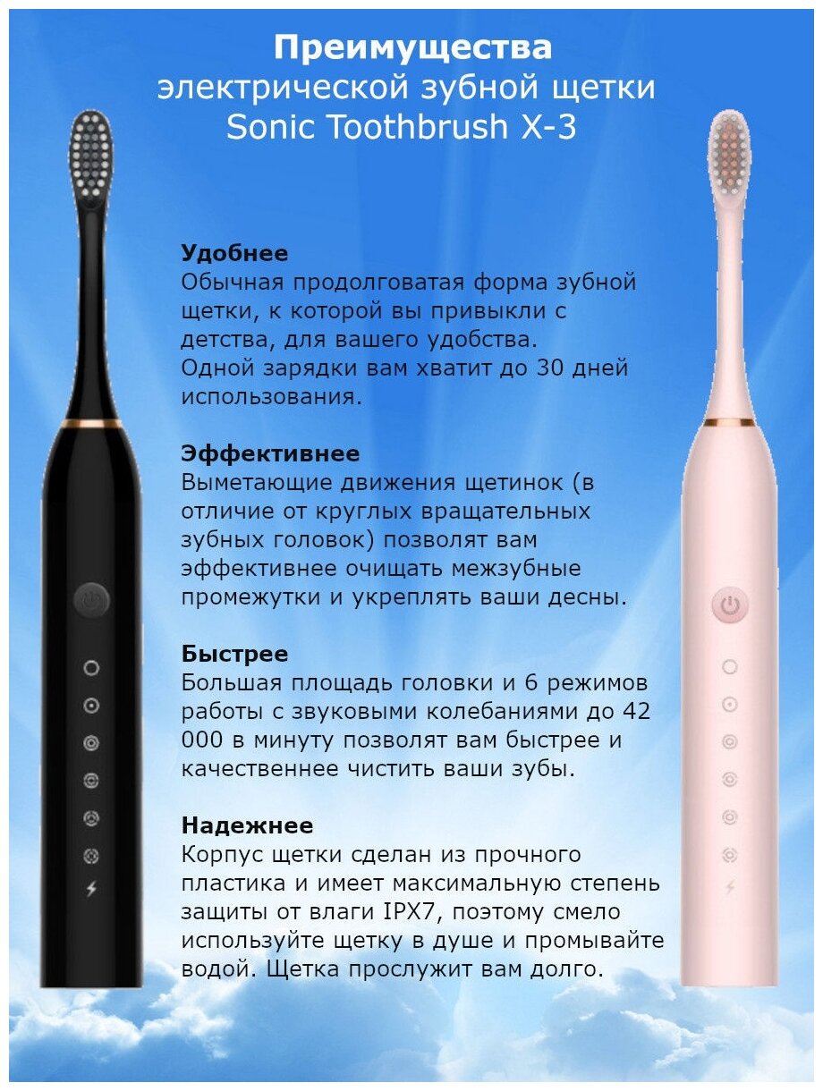 ультразвуковая зубная щетка Sonic Toothbrush X-3, black - фотография № 8