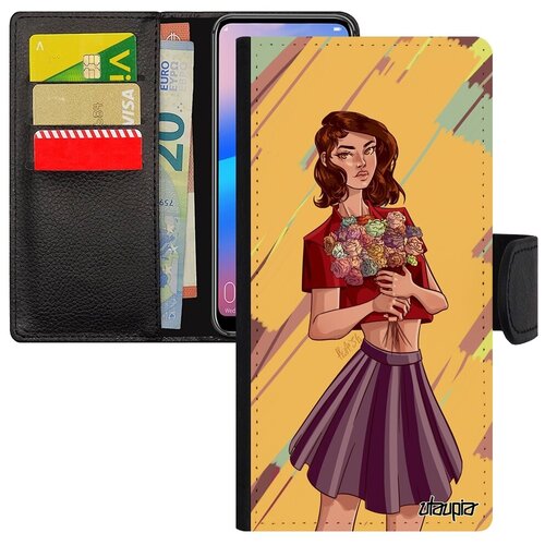 фото Красивый чехол книжка для смарфона // galaxy a50 // "девушка и цветы" букет дизайн, utaupia, голубой