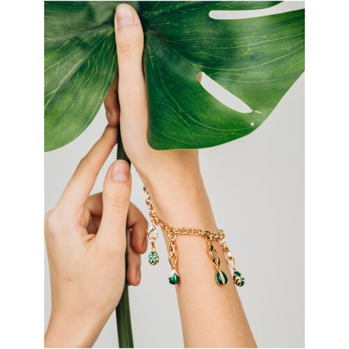Браслет-цепочка СВ, кристалл, эмаль, размер 20 см, зеленый, золотистый