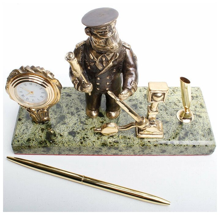 Подарки Письменный прибор "Медведь-железнодорожник" с часами из бронзы и змеевика (г. Златоуст)
