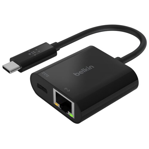 Адаптер Belkin Адаптер Belkin USB-C Ethernet port + Charge Adapter, 60Вт, черный (INC001btBK) belkin usb c хаб belkin mini hub 2usb 2usb c black черный f4u090btblk