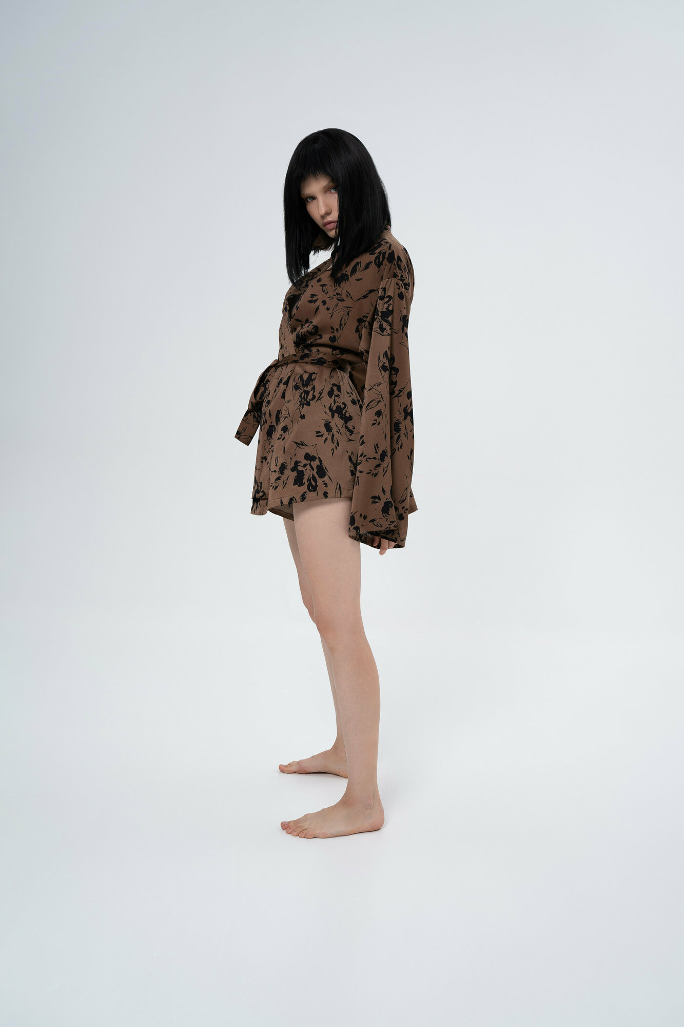 Пижама KAROLINA, шорты, кимоно, длинный рукав, пояс, размер L, коричневый - фотография № 4
