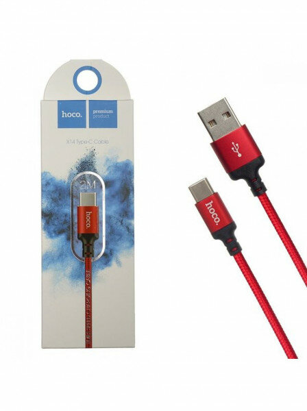 Usb Кабель-зарядка Lightning Hoco X14 Times speed 2A 2м в тканевой оплетке красный