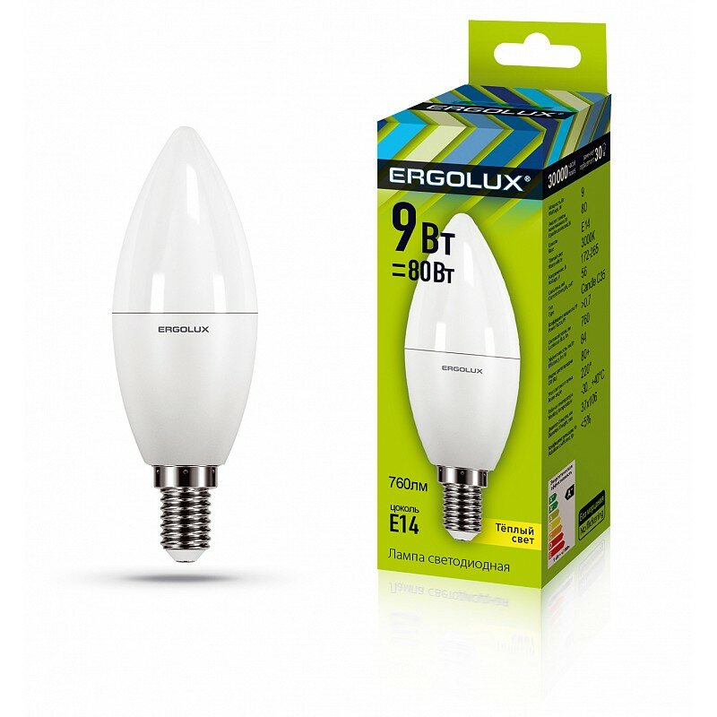 Ergolux LED-C35-9W-E14-3K (Эл. лампа светодиодная Свеча 9Вт E14 3000K 172-265В), цена за 1 шт.