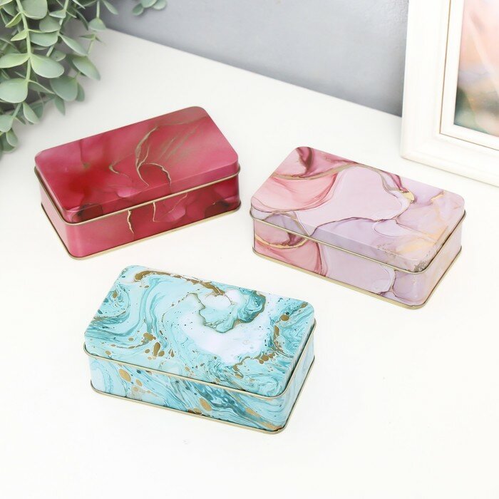 фото Шкатулка металл прямоугольная "Цветной мрамор с золотыми трещинками" микс 6,5х3,8х11,5 см 9314005