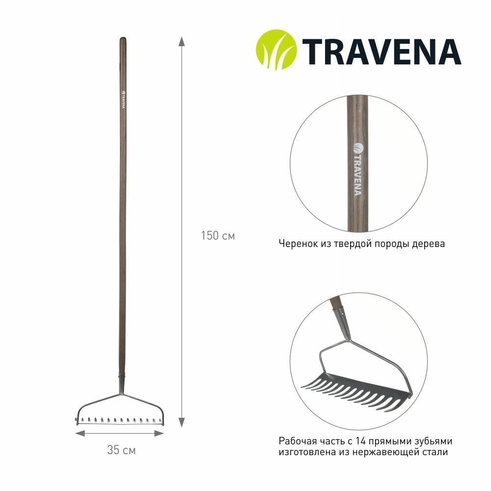 Грабли прямые TRAVENA 14 зубьев с деревянным черенком - фотография № 2