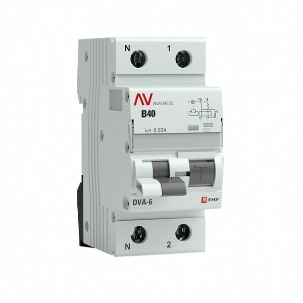 Дифференциальный автоматический выключатель (АВДТ) EKF 2-полюсный (1P+N) 40А хар. C 30мА тип AC 6кА DVA-6 AVERES (2 модуля)