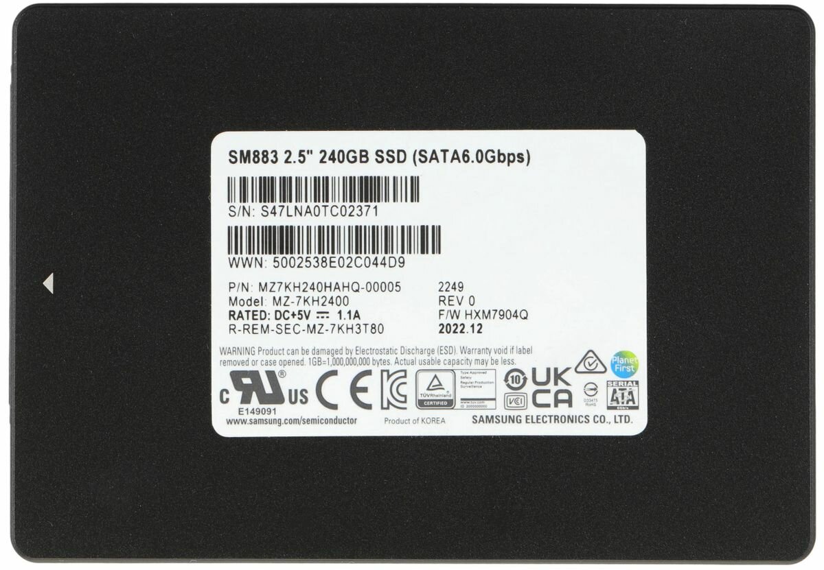 SSD накопитель Samsung SM883 MZ7KH240HAHQ-00005 240ГБ, 2.5", SATA III, SATA