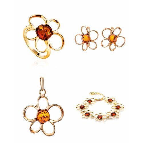 фото Комплект бижутерии: подвеска, кольцо, серьги, браслет, янтарь, коричневый amberhandmade