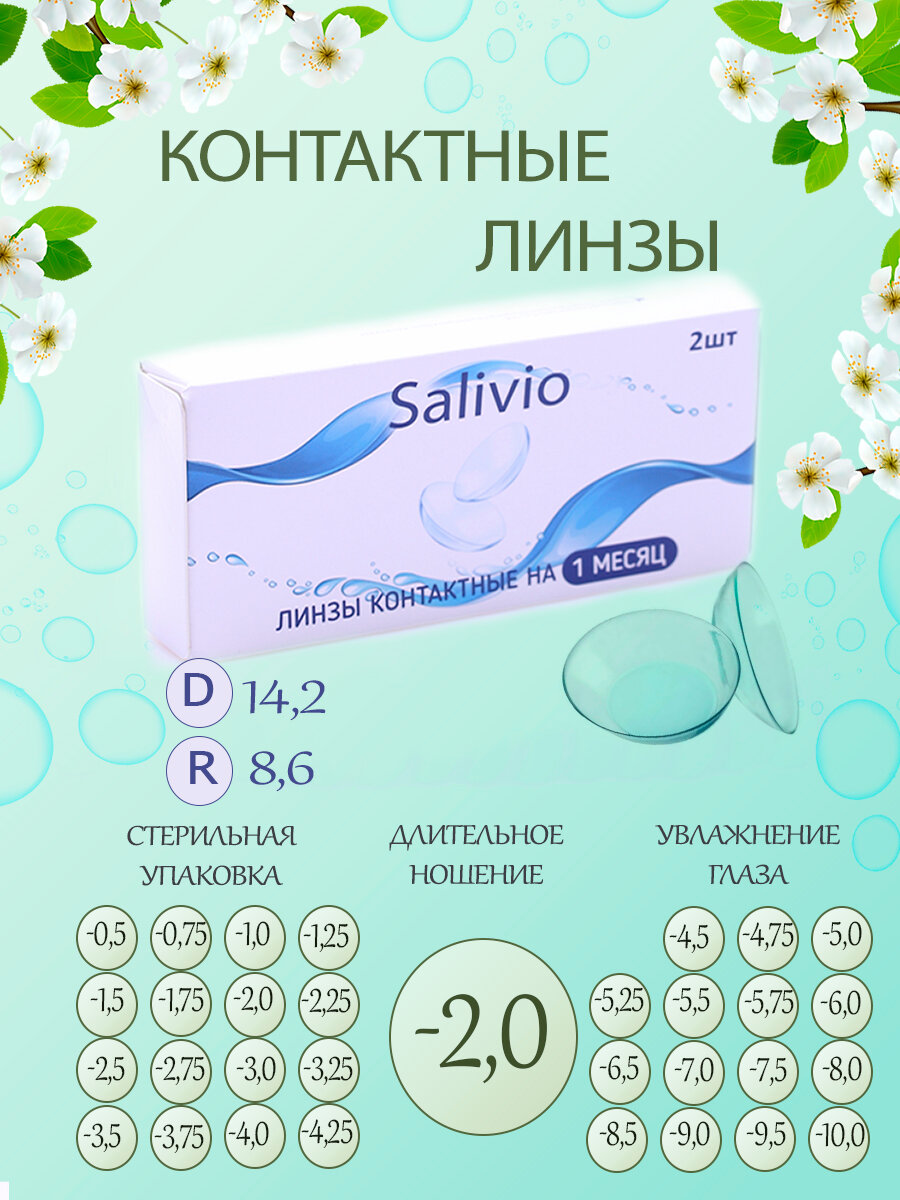 Контактные линзы Salivio -2,0, ежемесячная замена, бесцветные, прозрачные, R 8.6, диаметр 14,2 мм, 2 шт.