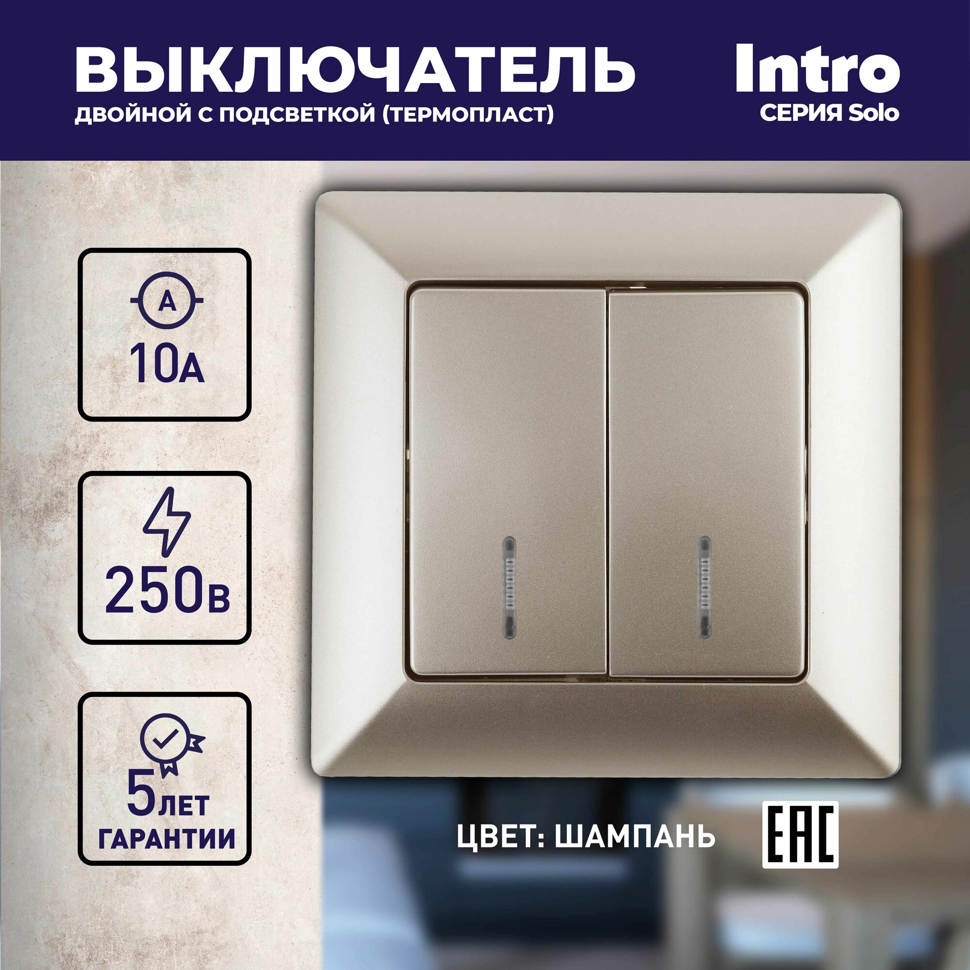 Выключатель Intro Solo 4-105-04 двухклавишный с подсветкой 10А-250В IP20 СУ шампань
