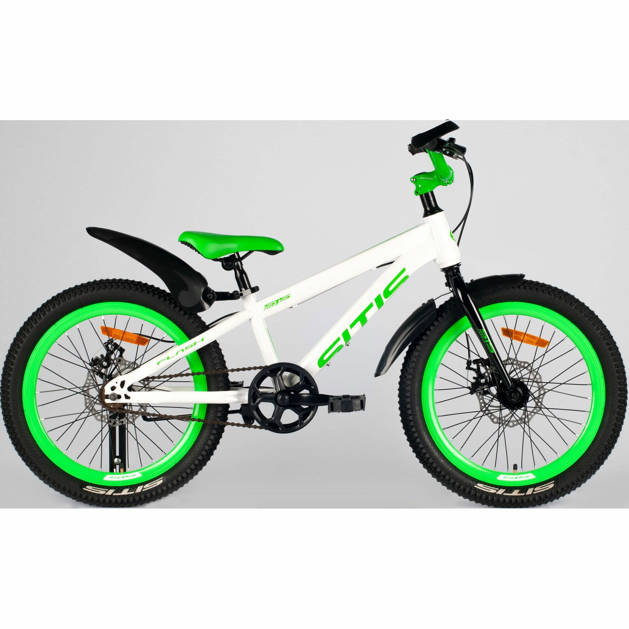 Велосипед SITIS FLASH 20" single speed (2024) White-Green, детский для мальчиков, сталь, 1 скоростей, дисковые механические, колеса 20, рост 120-135 см