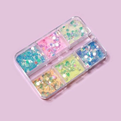 Блёстки для ногтей 6 цв светящ В темн крупнсреднмелк органайзер разноцвет пакет QF 375₽