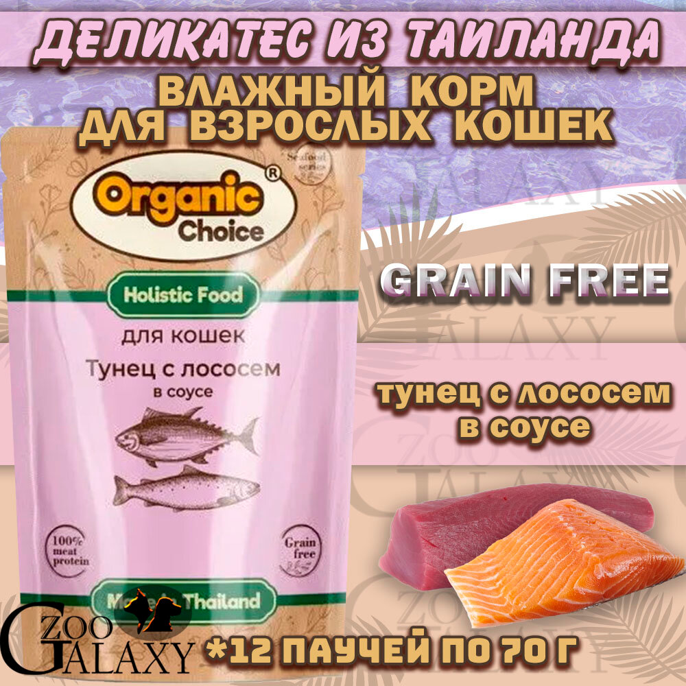 Organic Сhoice Grain Free паучи для кошек тунец и лосось в соусе 12х70 г