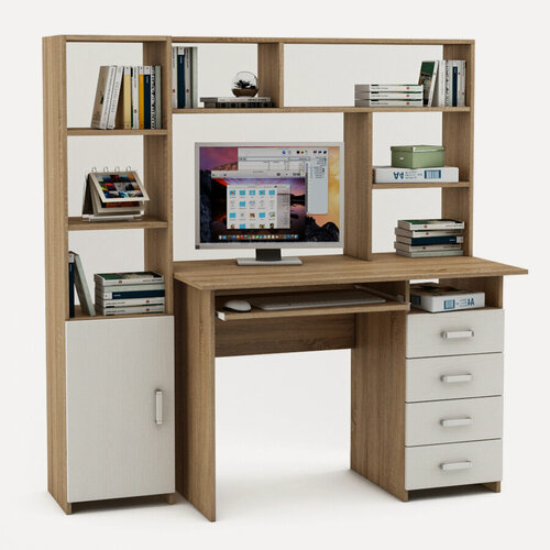 Изображение товара Стол письменный, компьютерный Лайт (Ньюкасл) 5К с надстройкой и стеллажом цвет: Дуб сонома/Белый