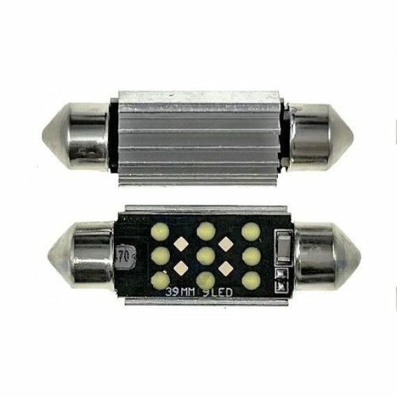 Светодиод С5W 12-24V (COB) (9 диодов) белый 39мм с "обманкой" (2шт.)