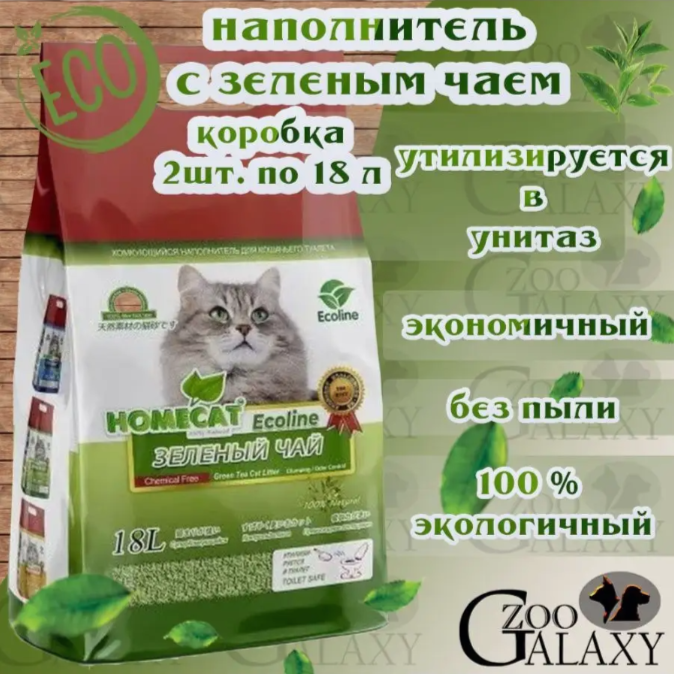 HOMECAT Наполнитель Эколайн Зеленый чай, 2 упаковки 18 л