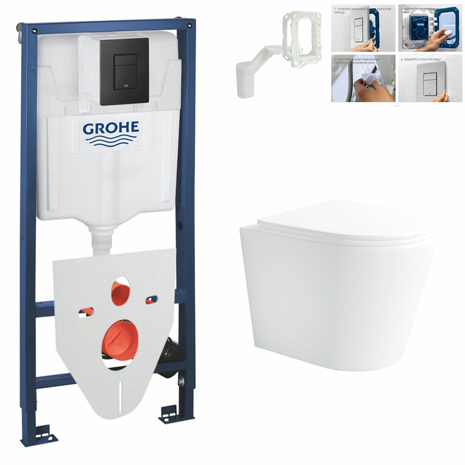 фото Инсталляция с подвесным унитазом Helmken 35490201 комплект 6 в 1: унитаз подвесной безободковый, сиденье микролифт, инсталляция Grohe с кнопкой смыва, шумоизоляция, диспенсер