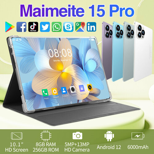 Планшет 10.1 дюйма 8 GB RAM, 256 GB ROM, Android 12, Bluetooth, wifi, LTE, русская клавиатура, белый