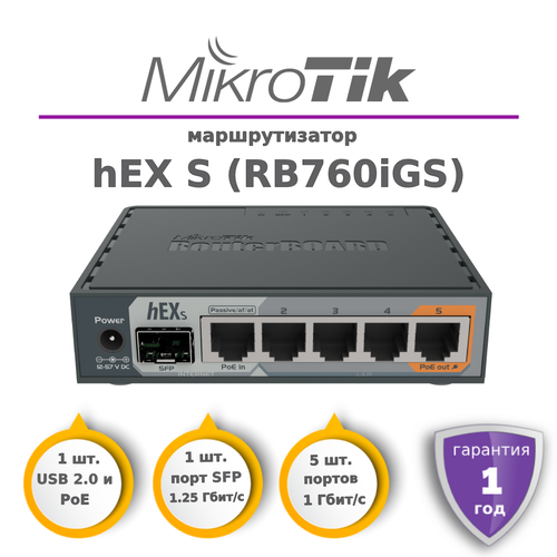 Маршрутизатор MikroTik hEX S RB760iGS 13393₽