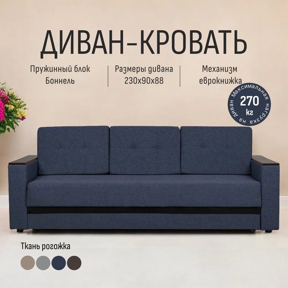 Диван-кровать "Мичиган" синий, рогожка, независимый пружинный блок, механизм Еврокнижка, Диван 24