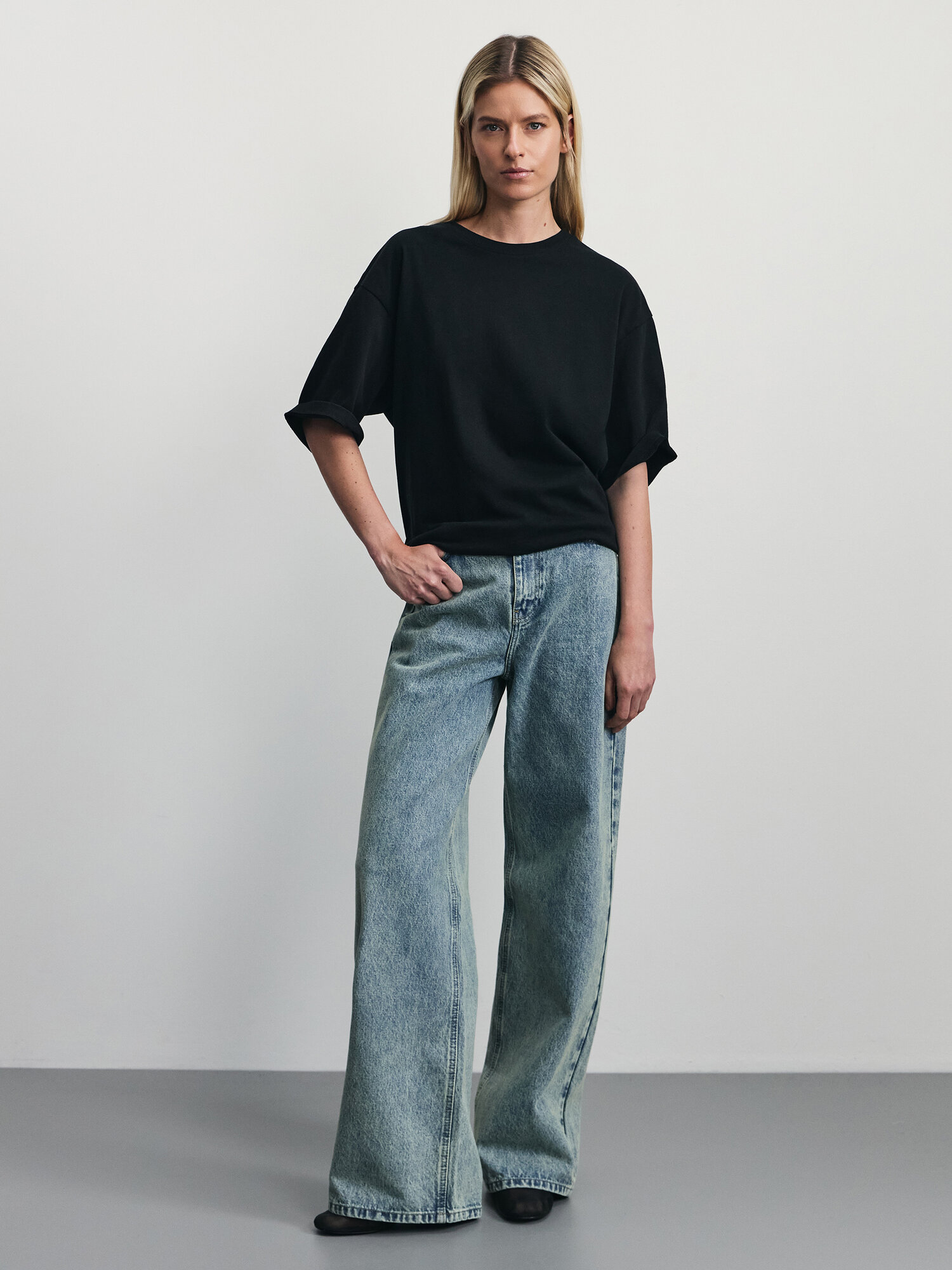 Джинсы широкие Zarina wide leg, размер S (RU 44)/170, голубой, зеленый