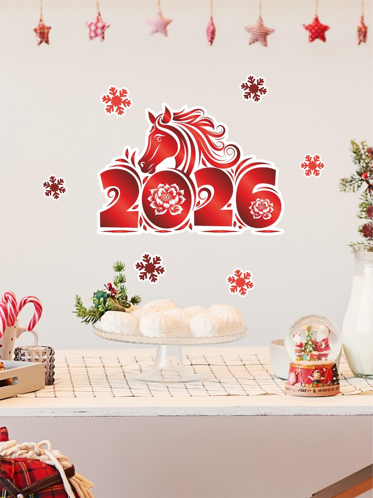 Новогодние наклейки на стену 2026 с лошадкой декор для украшения дома Lisadecor