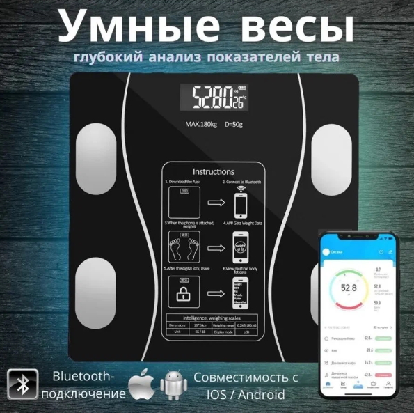 Напольные умные весы c bmi, электронные напольные весы для Xiaomi, iPhone, Android, черные - фотография № 1