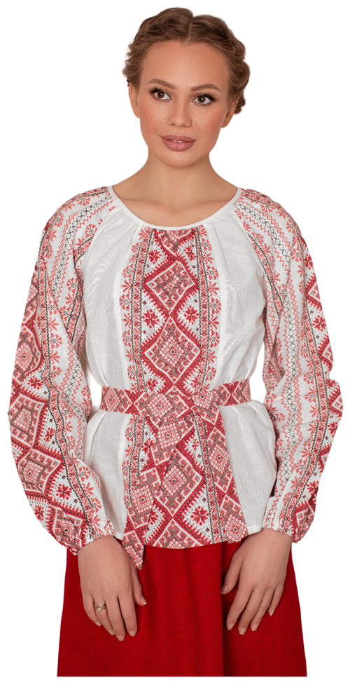 Блуза  Славянские узоры, повседневный стиль, прямой силуэт, длинный рукав, пояс/ремень, разрез, размер 50, белый, красный