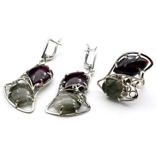 Комплект бижутерии Радуга Камня: кольцо, серьги, кристалл, размер кольца 18, мультиколор