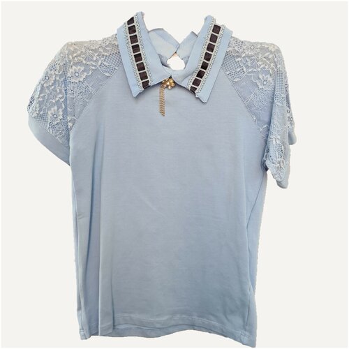 Школьная блуза Без бренда, на пуговицах, короткий рукав, размер 152, голубой