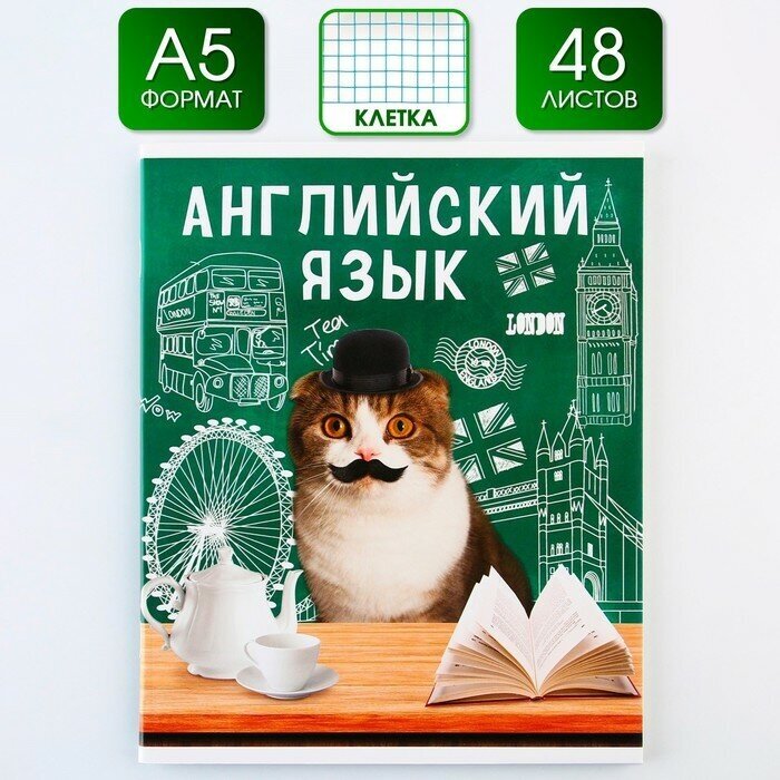 Тетрадь предметная 48 листов, А5, милые питомцы, со справочными материалами «Английский язык», обложка мелованный картон 230 гр, внутренний блок в клетку 80 гр, белизна 96%, блок №1.