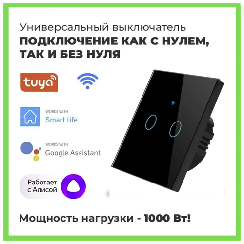 Умный сенсорный WiFi выключатель, черный 2 клавиши, умный дом, работает с Яндекс Алисой, голосовое управление