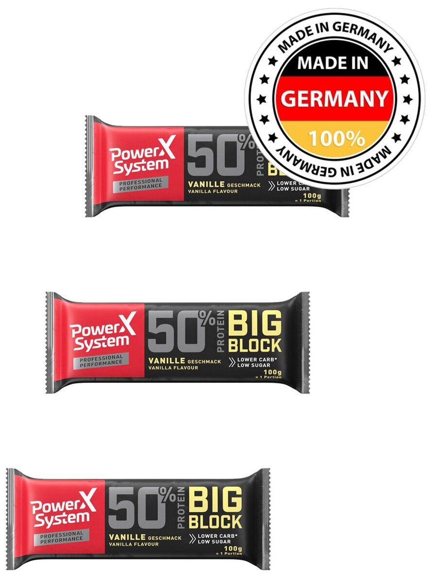 Протеиновый батончик с 50г белка / Power System Big Block Protein Bar (Ваниль) 3х100г / 50% белка с коллагеном для похудения и набора мышечной массы женщин и мужчин