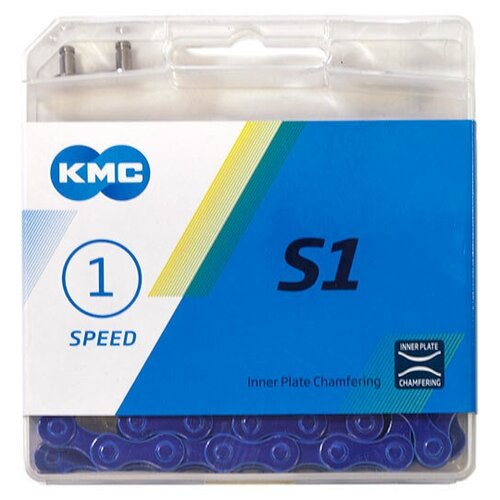 Цепь KMC S1 для 1 скорости 1/2х1/8 112 звеньев пин 8.7мм с замком синяя цепь вело s1 kmc 1 2х1 8 100 звеньев 570100