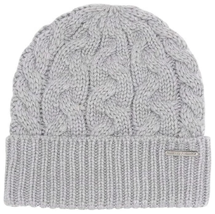 Шапка Michael Kors серая с отворотом и серебристым металлическим лого Patchwork Cable Knit Cuff Beanie Hat Gray Color 