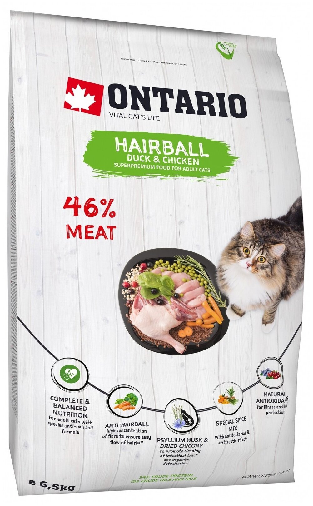 Корм Ontario Hairball для вывода шерсти из желудка, для кошек, с уткой и курицей, 2 кг - фотография № 2