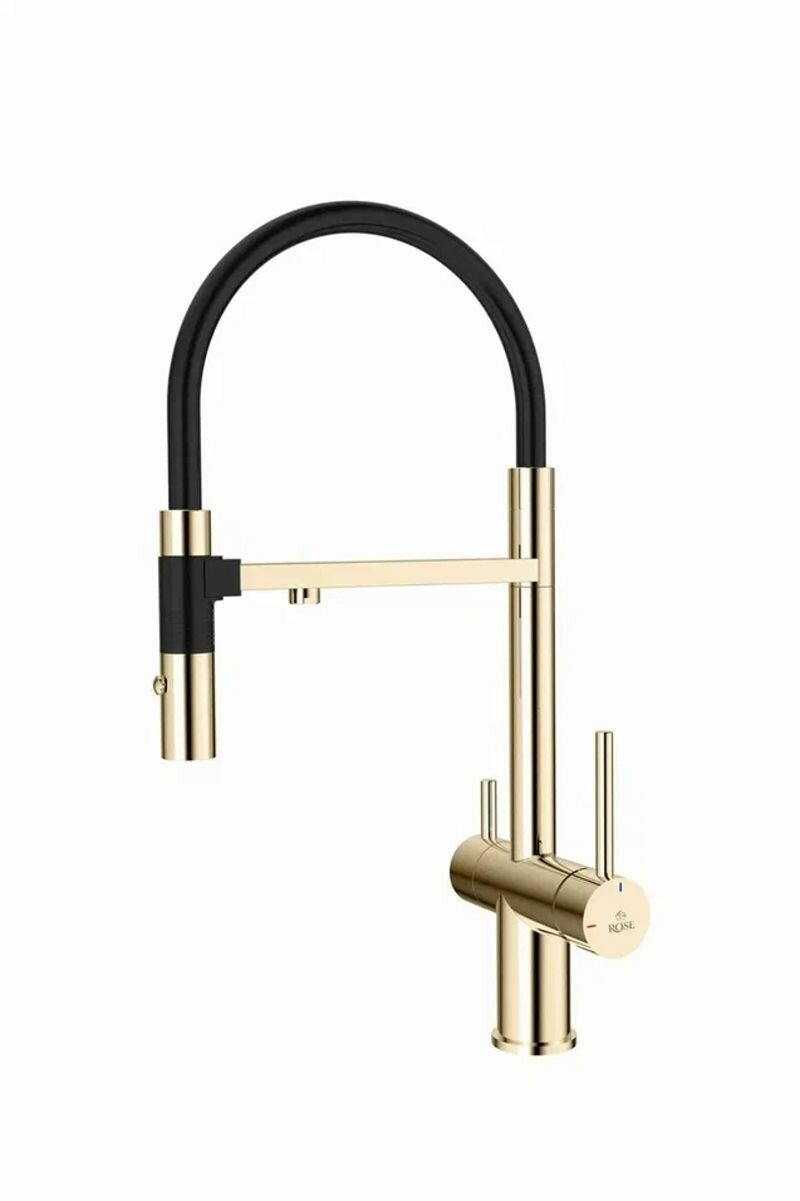 Смеситель для кухни однорычажный с гибким изливом, с подключением фильтра Rose R958E, Золото