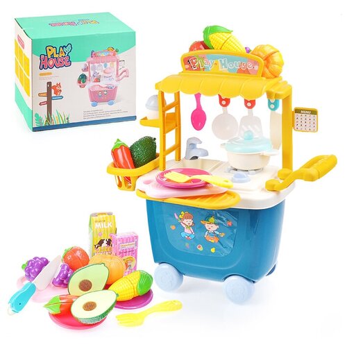 фото Кухня детская игрушечная с посудой и продуктами, на тележке с колесиками, высота 38,5 см, свет,звук / игровой набор oubaoloon 228e22-7 в коробке