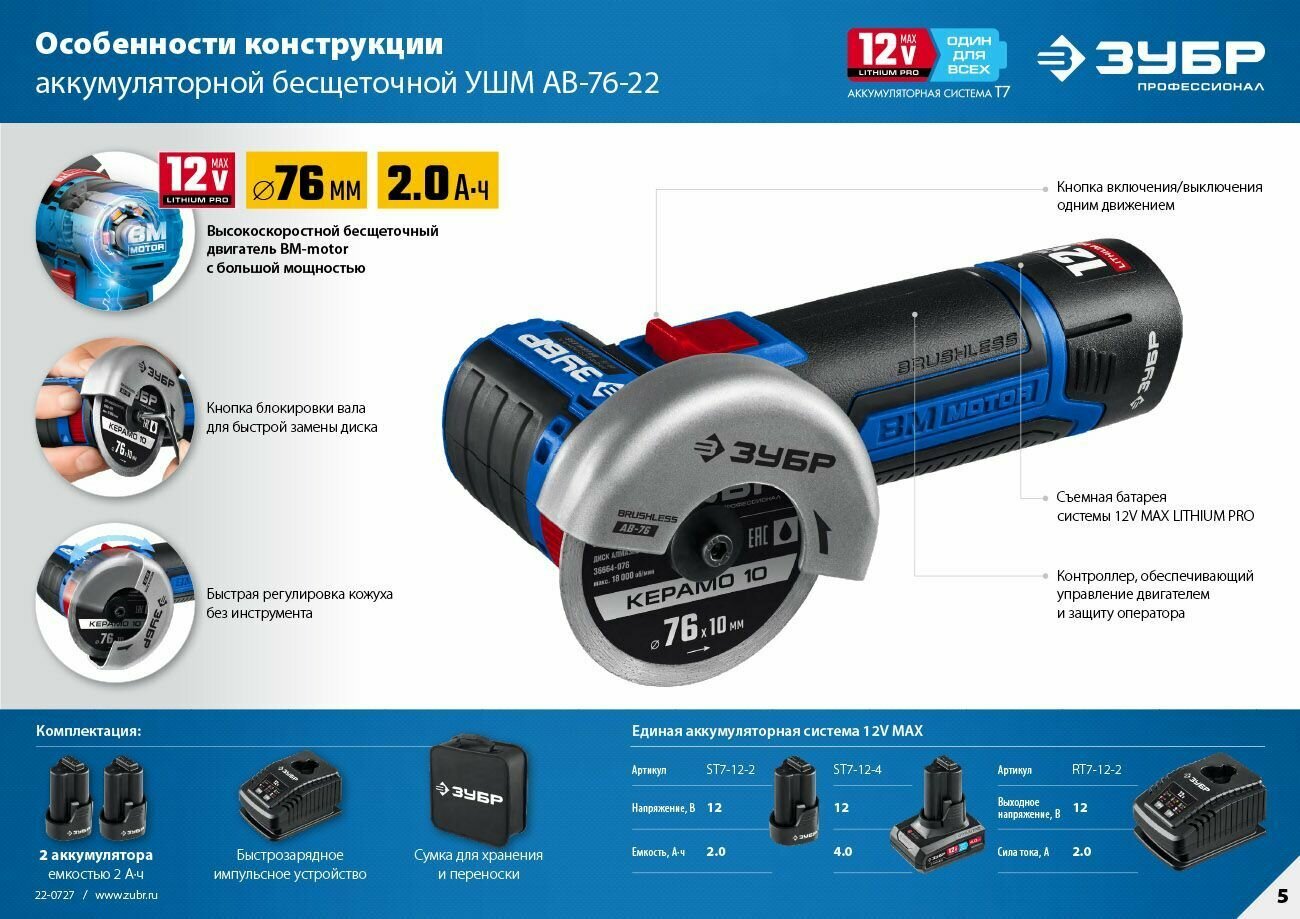 Аккумуляторная угловая шлифовальная машина Зубр AB-76-22 BL 12В ,2*2Ач - фото №15