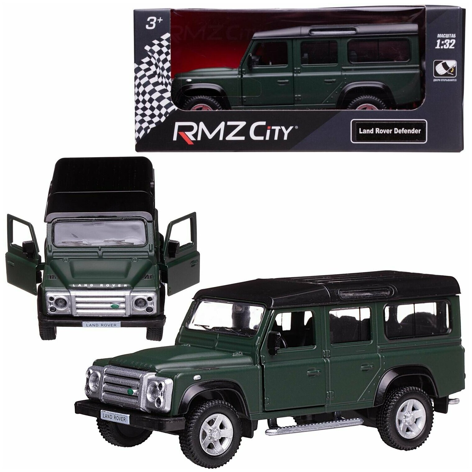 Машинка металлическая Uni-Fortune RMZ City серия 1:32 Land Rover Defender, инерционная, темно-зеленый матовый цвет, двери открываются