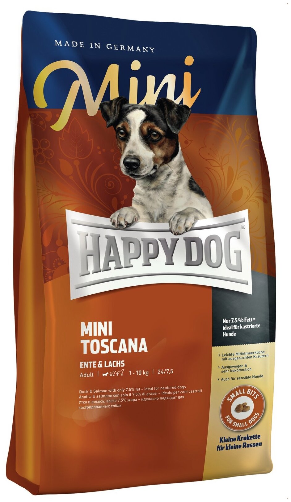 Корм Happy Dog Mini Toscana Тоскана для взрослых собак малых пород с уткой и лососем 4 кг