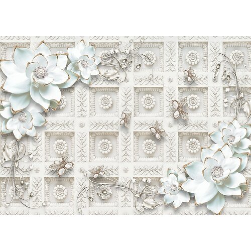 Моющиеся виниловые фотообои GrandPiK Белые цветы на лепном декоре 3D, 200х145 см