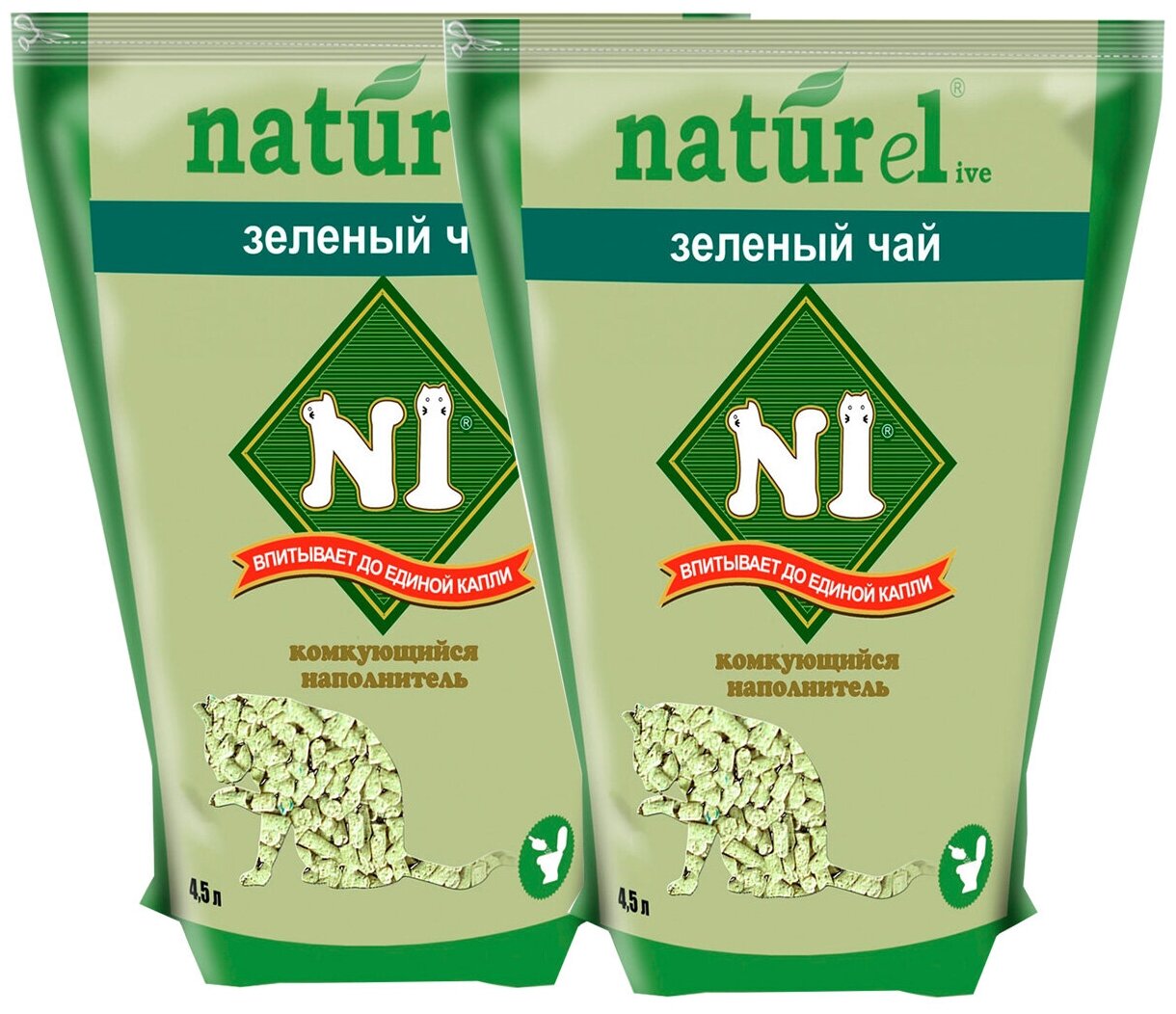 № 1 NATUREL – Наполнитель комкующийся для туалета кошек «Зеленый чай» (45 + 45 л)