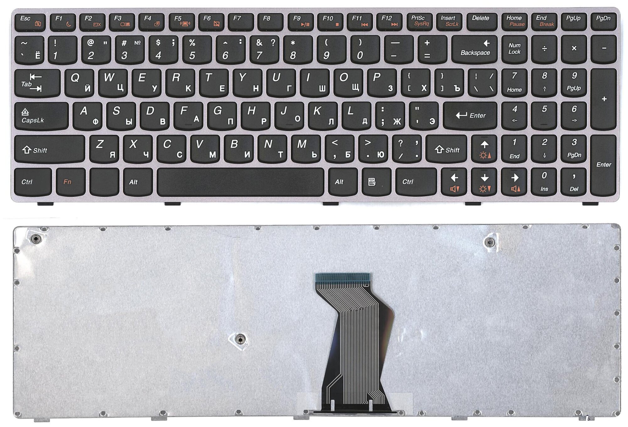 Клавиатура для ноутбука Lenovo IdeaPad B570 B580 V570 черная с серой (серебряной) рамкой