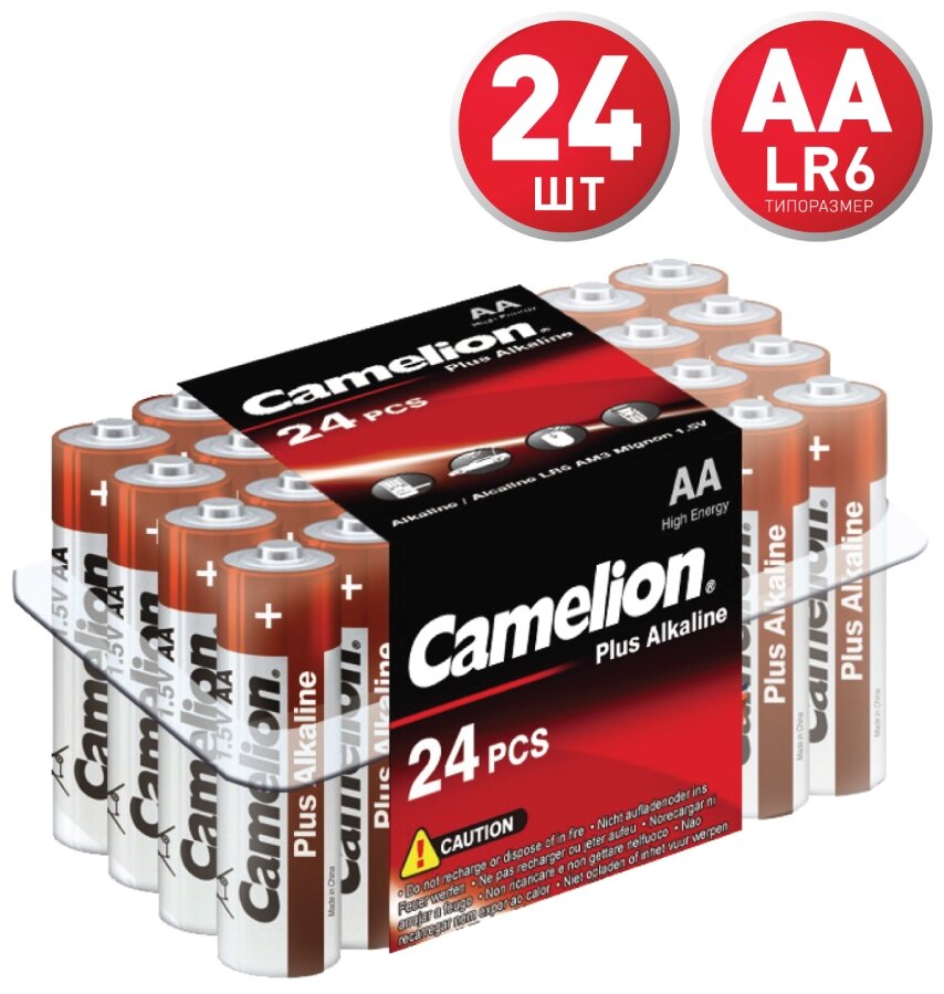 Батарейка алкалиновая Camelion Plus Alkaline, AA, LR6-24BOX (LR6-PB24), 1.5В, набор 24 шт. Camelion