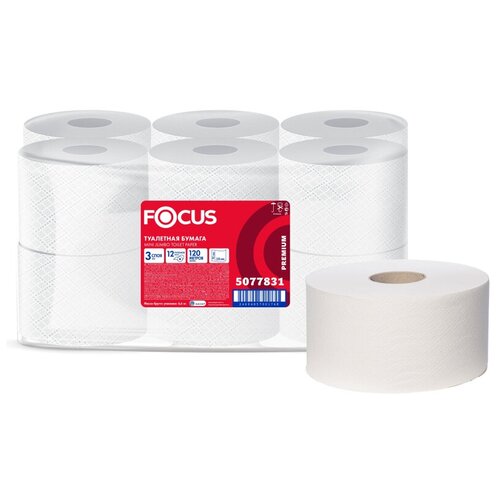Купить Бумага туалетная в рулонах Focus Jumbo Premium 3-слойная 12 рулонов по 120 метров (артикул производителя 5077831), белый, Туалетная бумага и полотенца