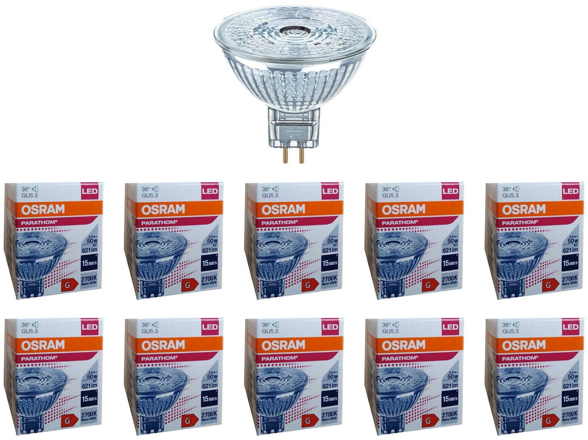 Лампочка светодиодная OSRAM Софит MR16 GU5.3 8Вт 12В 621Лм 2700К Теплый белый, упаковка 10шт